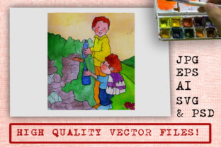 Watercolor Cartoon Getting Freshwater with Papa Illustrations