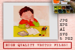 Watercolor Cartoon Thinking Before Writing Illustrations